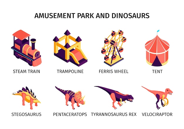 Composiciones de parques de atracciones con dinosaurios y tren de vapor ilustración vectorial aislada isométrica