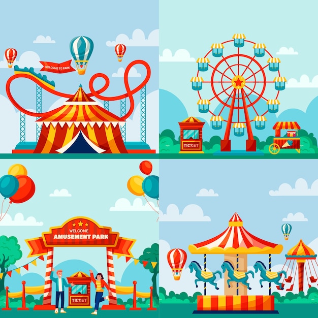 Composiciones de parques de atracciones en estilo plano.