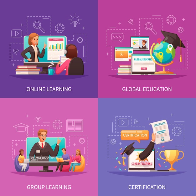 Vector composiciones de programas de educación global en línea en estilo plano