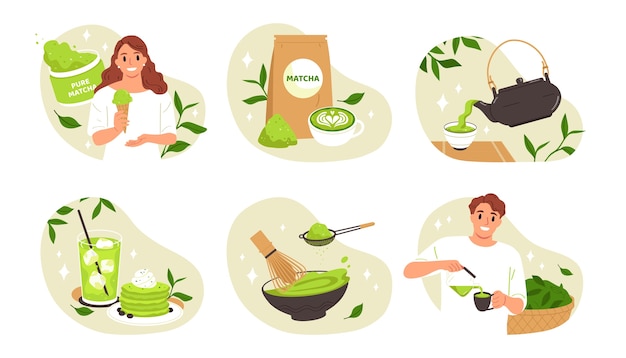 Vector composiciones de té matcha en diseño plano