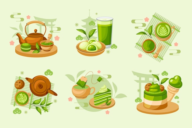Composiciones de té matcha en diseño plano