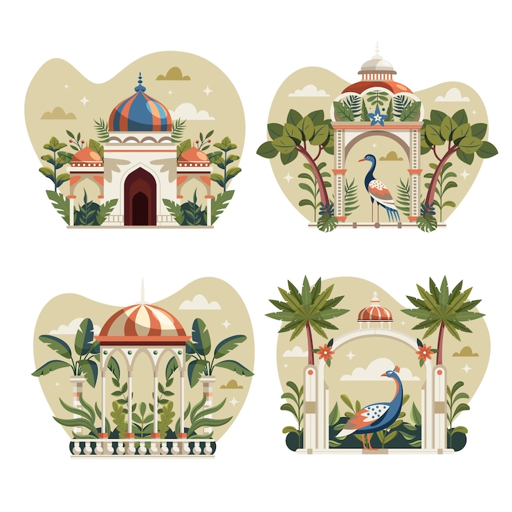 Vector composiciones tradicionales de jardines mogoles en diseño plano