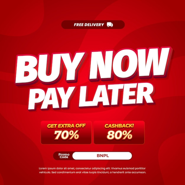 Compra ahora, paga más tarde, compra el día de la venta, ofertas de descuento, flujo dinámico, gradiente rojo, banner de texto editable.