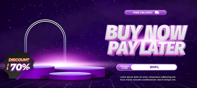 Compra ahora, paga más tarde, venta con descuento, ofertas de gradiente galáctico, texto editable, vector de banner horizontal.
