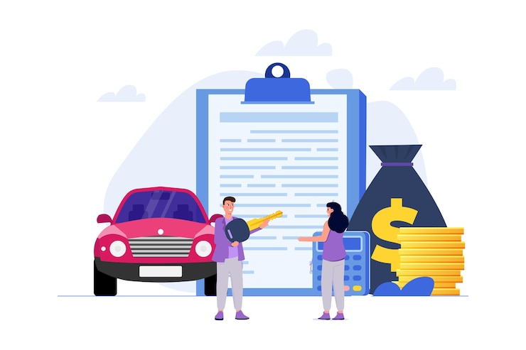 Vector compra de automóvil nuevo a crédito, crédito o préstamo de automóvil, concepto de financiación de automóviles. ilustración vectorial.