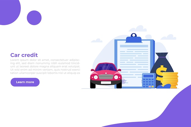Compra de automóvil nuevo a crédito, crédito o préstamo de automóvil, concepto de financiación de automóviles. Ilustración vectorial.