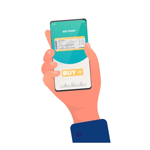 Compra un boleto a través de la aplicación. Compra de entradas online. Manos con un primer plano de teléfono. Aislado. Vector.