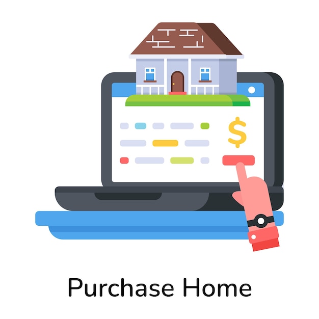 Compra de casa en línea icono plano editable
