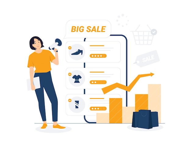 Compra de comercio electrónico compras tienda en línea descuento revisión de productos Feliz joven mujer de moda llevando bolsas de compras sosteniendo ilustración del concepto de teléfono inteligente móvil