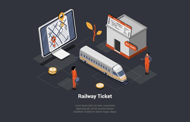 Compra en línea de boletos de tren aplicación móvil viajando en tren concepto hombre pasajero comprando boletos y esperando un personaje de tren en la plataforma ferroviaria isométrica 3d ilustración vectorial de dibujos animados