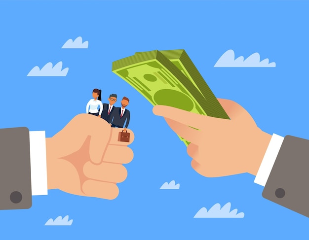 Compra de mano de obra Transferencia de mano de personal personas y dinero asignación de intercambio de recursos humanos de trabajadores y empleados especialistas populares concepto vectorial