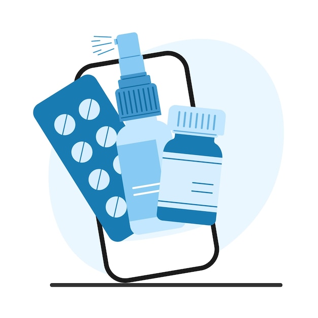 Compra de medicamentos en línea concepto Atención sanitaria y tratamiento Compra de fármacos en línea en la farmacia en la aplicación del teléfono