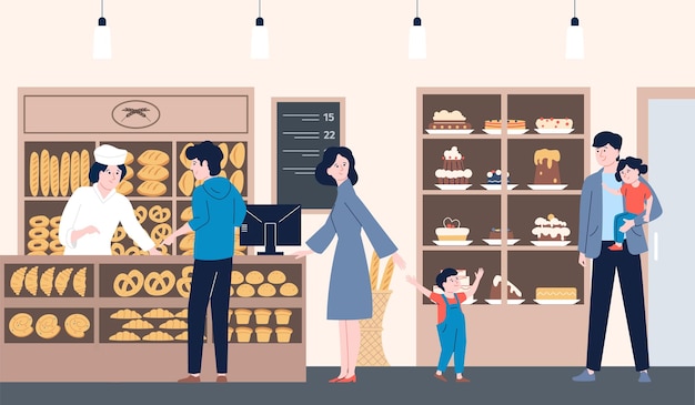 Compra con pan y pasteles comida de panadería La gente compra pastelería Supermercado con dulces niños con padres en la tienda reciente escena vectorial de la tienda de alimentos de panadería ilustración