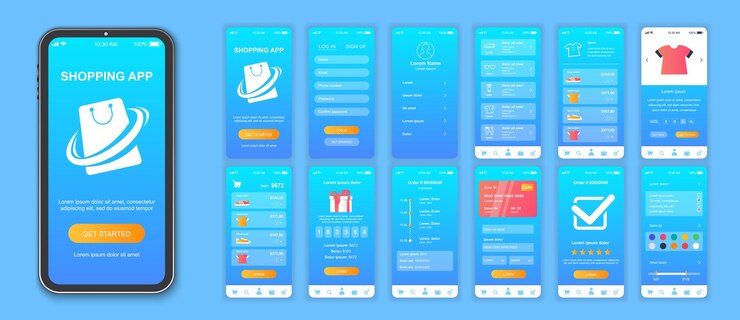 Vector compra de pantallas de interfaz de aplicaciones móviles conjunto de plantillas de cuentas en línea surtido de productos precio e información pedido seguimiento de pagos paquete de kit ui ux gui para diseño web de aplicaciones diseño vectorial