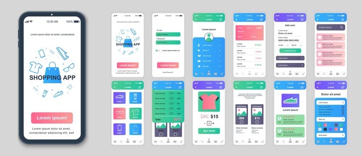 Vector compra de pantallas de interfaz de aplicaciones móviles conjunto de plantillas de cuentas en línea variedad de productos precio e información pedido seguimiento de pagos paquete de ui ux gui kit para aplicación diseño web diseño vectorial