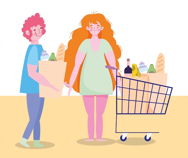 Compra de personas que acaparan, pareja de personajes con carrito de compras y bolsa de supermercado de alimentos