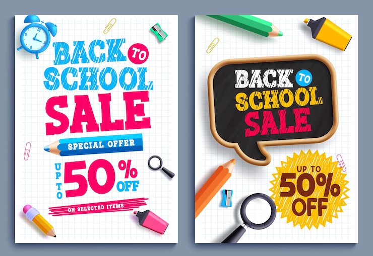Vector compra de posters vectoriales de texto de regreso a la escuela con oferta especial de 50 dólares de descuento
