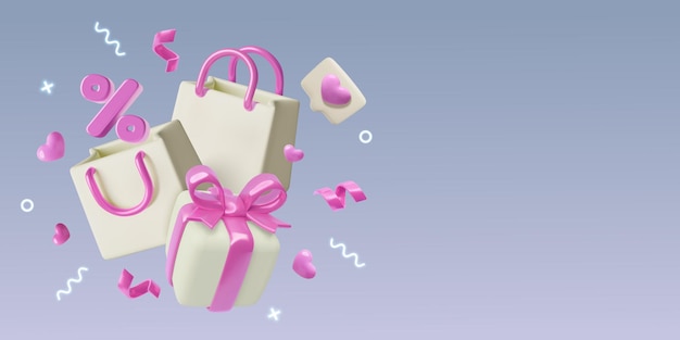 Compra de regalos para el Día de San Valentín, venta de vacaciones y oferta especial. Banner blanco rosado 3D con espacio para copiar.