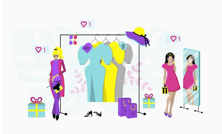 Vector compra con ropa, complementos de mujer. ilustración vectorial plana.