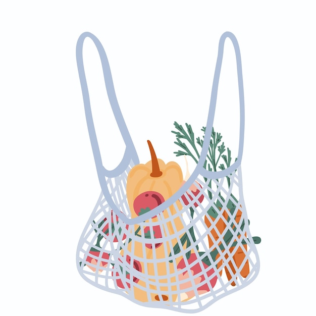 Comprador de bolsa ecológica abierta con diseño plano de verduras en fondo blanco