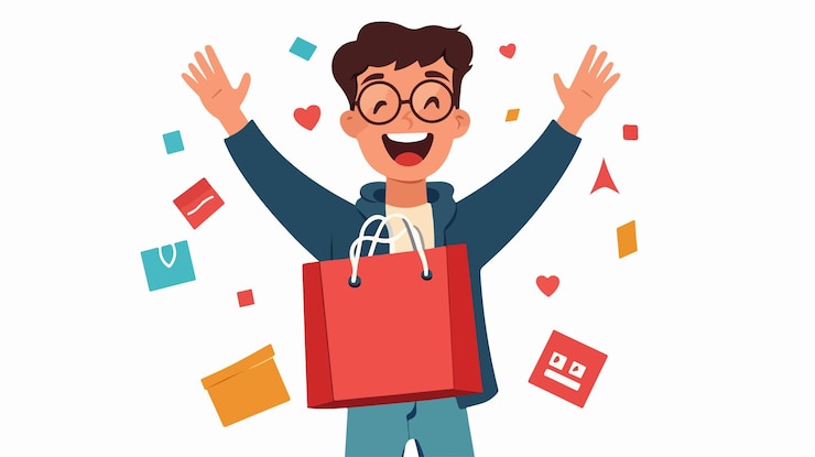 Vector comprador emocionado con un letrero de oferta de descuento en fondo rojo