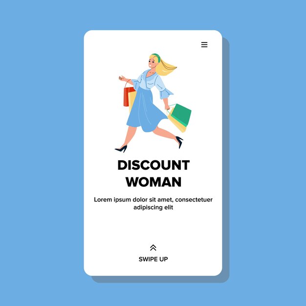 Comprador de la mujer que va al vector de la tienda de la venta del descuento. Chica feliz con bolsa de compras haciendo compras en venta con descuento de temporada. Personajes Señora Cliente Consumismo Web Plano Dibujos animados Ilustración