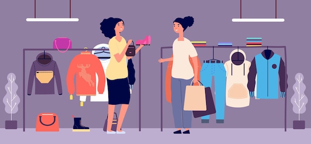 Comprador personal. asistente de tienda, ilustración de vector de estilista de moda. personajes de mujeres planas. tienda de moda y compradores femeninas con bolsas de la compra. shopper personal, ropa y calzado