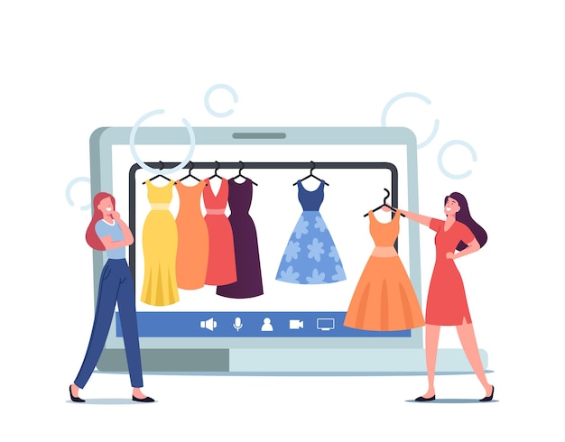 Vector compradora profesional personaje femenino y estilista de moda personal elija ropa elegante en la tienda de ropa en línea. mujer conversando con consultor de diseño de prendas de vestir. ilustración de vector de gente de dibujos animados