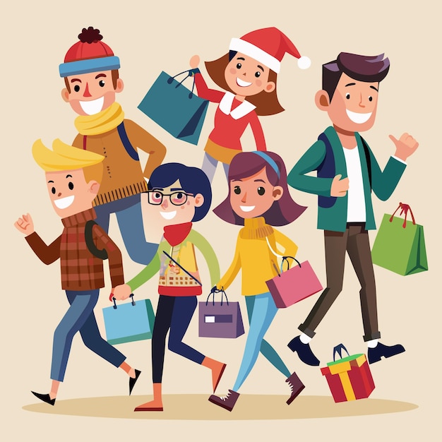 Los compradores felices celebran con regalos y bolsas