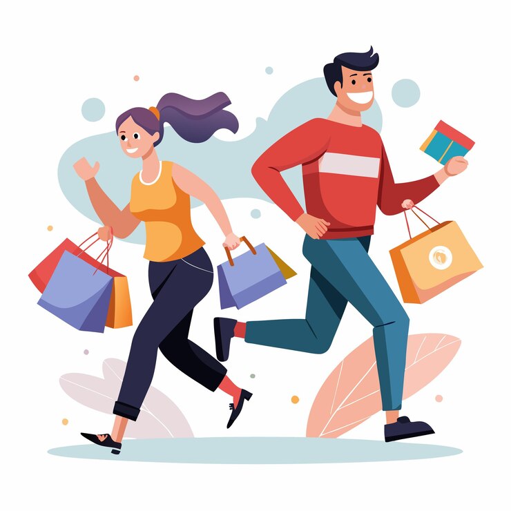 Vector compradores felices corriendo con bolsas disfrutando de las ventas