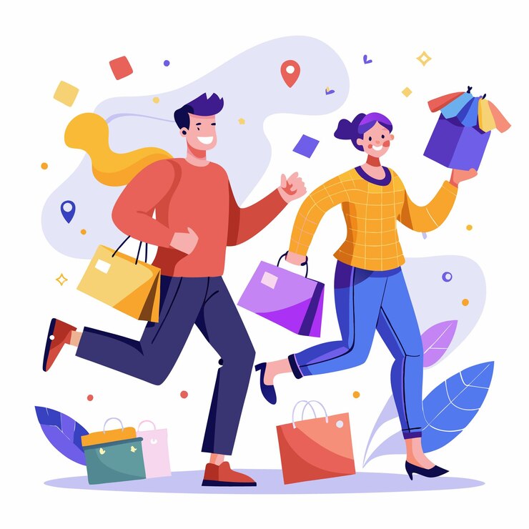 Vector compradores felices corriendo con bolsas llenas de compras