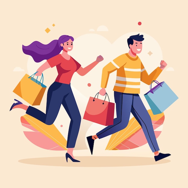 Compradores felices corriendo con bolsas ofertas emocionantes descuentos