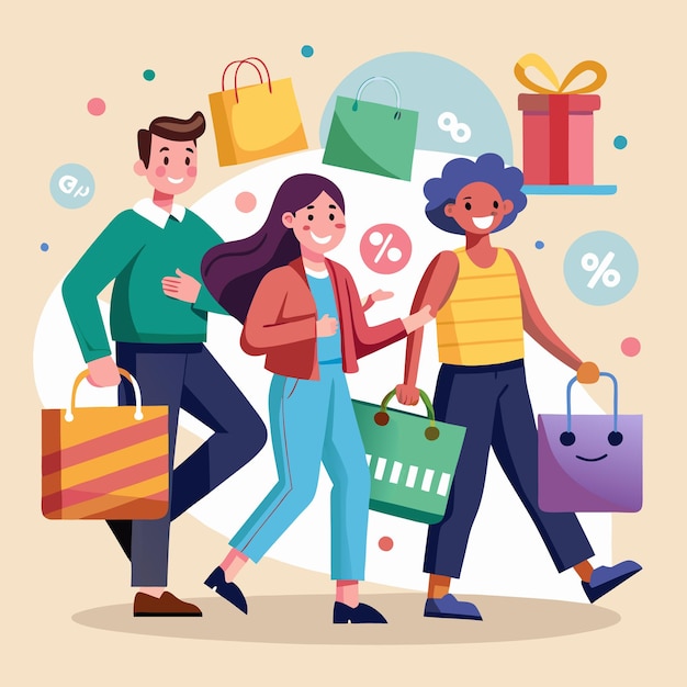 Compradores felices disfrutando de descuentos y ofertas