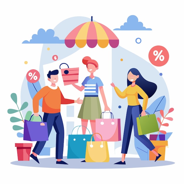 Compradores felices disfrutando de descuentos y ventas
