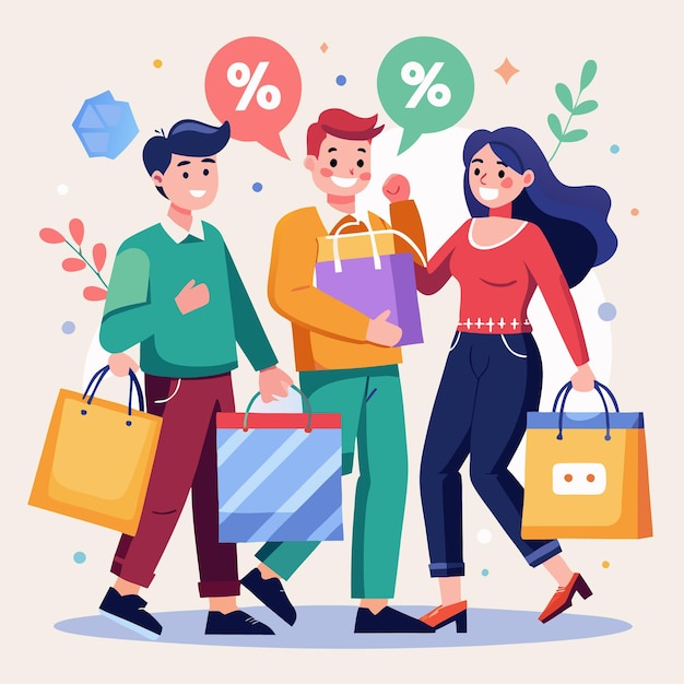 Compradores felices disfrutando de descuentos y ventas