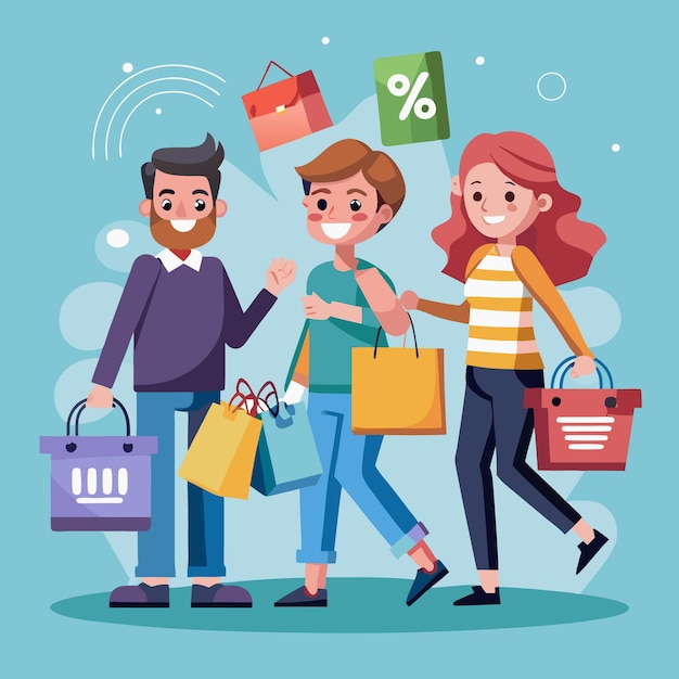 Compradores felices disfrutando de descuentos
