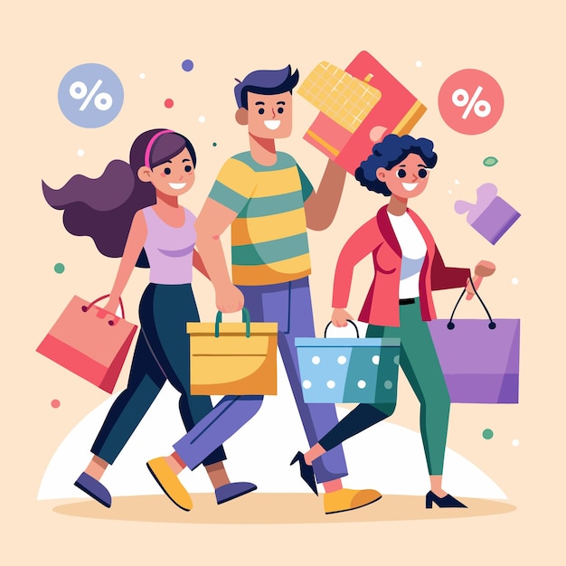Compradores felices disfrutando de grandes descuentos en las ventas