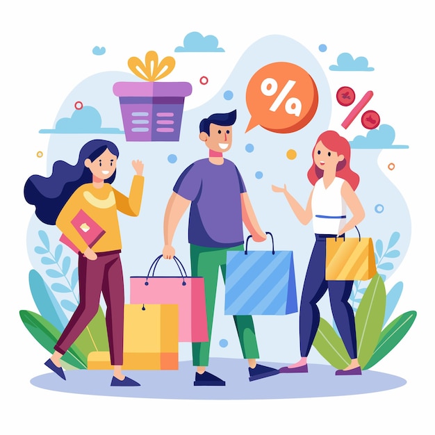 Compradores felices disfrutando de grandes descuentos en las ventas
