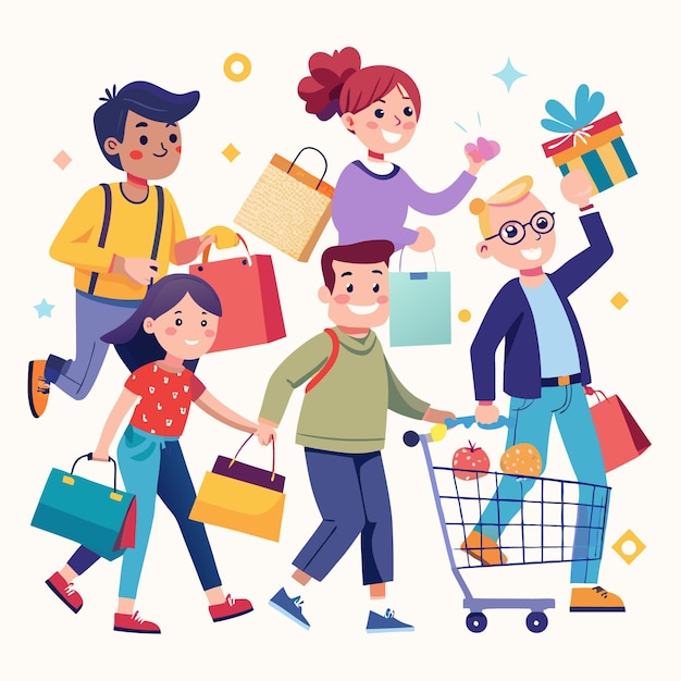 Compradores felices disfrutando de la terapia de venta al por menor con bolsas y carros