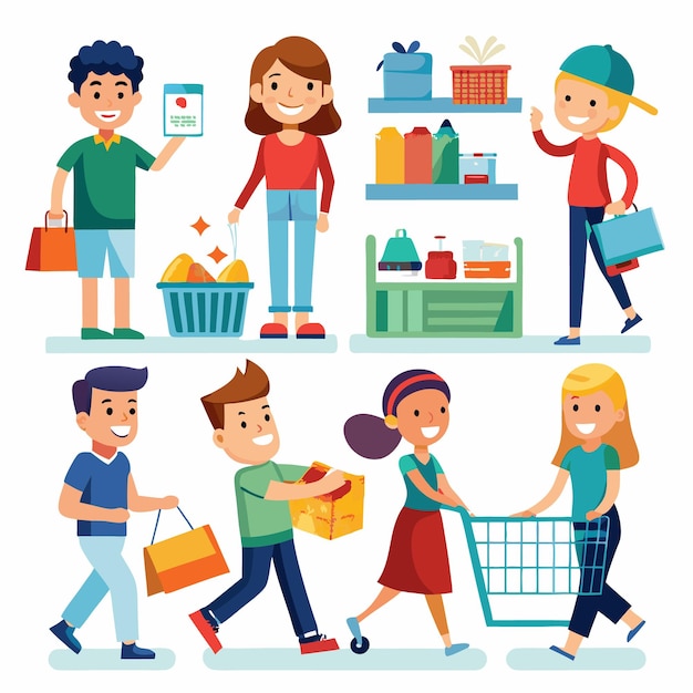 Compradores felices disfrutando de la terapia de venta al por menor con bolsas y carros