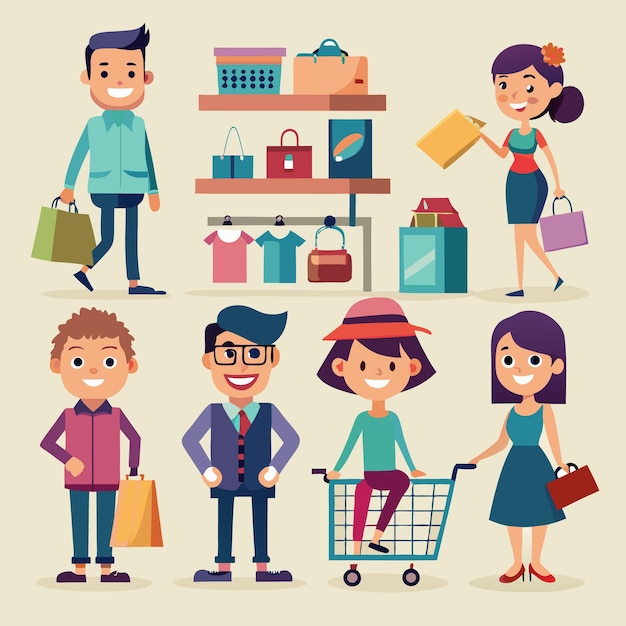 Compradores felices disfrutando de la terapia de venta al por menor con bolsas y carros