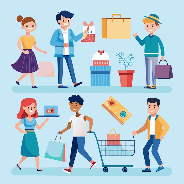 Compradores felices disfrutando de la terapia de venta al por menor con bolsas de regalos y un carrito de compras
