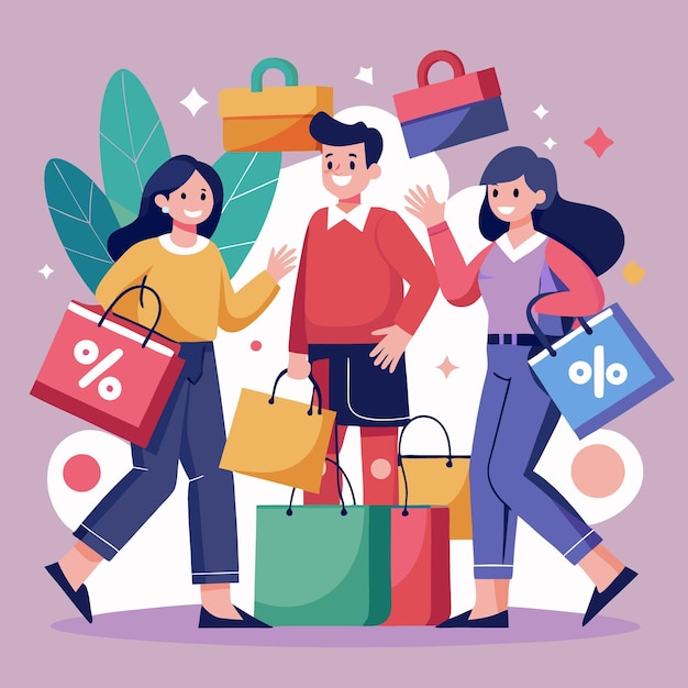 Compradores felices disfrutando de las ventas con bolsas