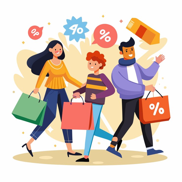 Vector compradores felices disfrutando de ventas con descuento con bolsas