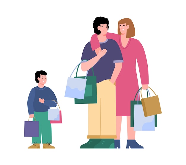 Los compradores felices, la familia con el niño, disfrutan de ventas y descuentos en tiendas y centros comerciales.