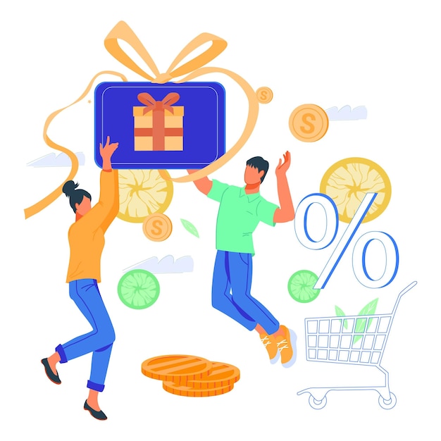 Compradores felices o compradores con cupón de compras con tarjeta de regalo que obtienen un reembolso