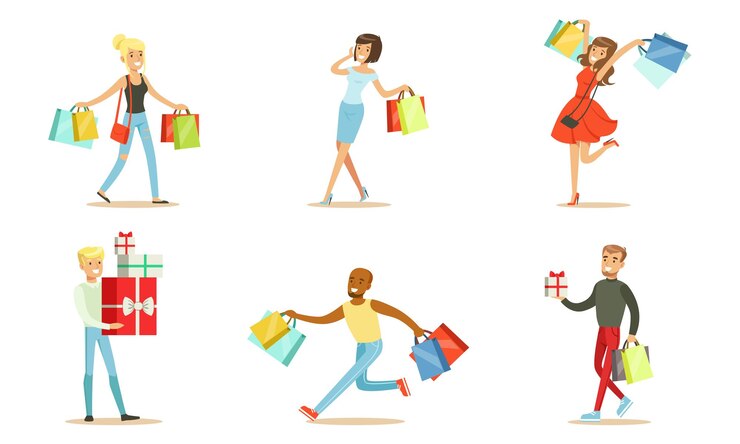 Vector compradores felices con paquetes ilustración vectorial sobre un fondo blanco