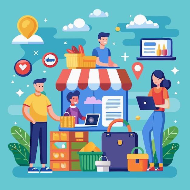 Compradores en línea compran Comerciantes venden con entrega rápida y pagos seguros