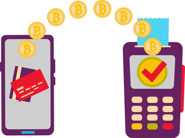 Comprando con bitcoins. El concepto de un negocio exitoso en un diseño vectorial plano. Ilustración vectorial del concepto de criptomoneda. Pago sin contacto de un smartphone.
