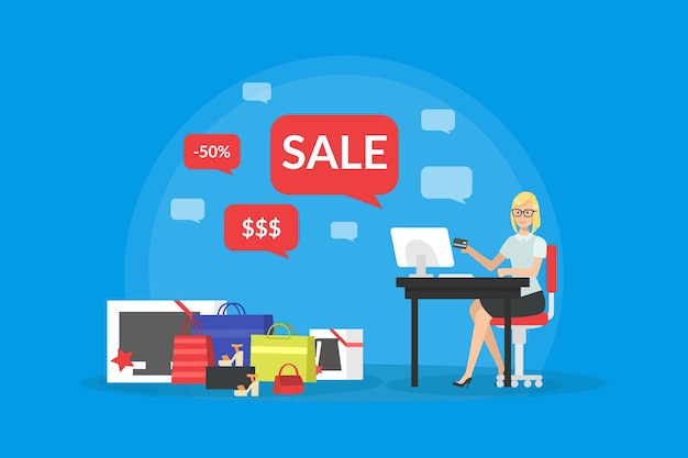 Comprando en línea Mujer joven participando en la venta estacional en una tienda en línea Niña sentada en el escritorio rodeada de bolsas de compras con compras Ilustración vectorial